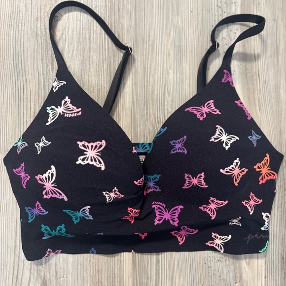 PINK Victoria's Secret Black Bra with Colorful Butterfly Print Wireless Push up - Picture 1 of 4